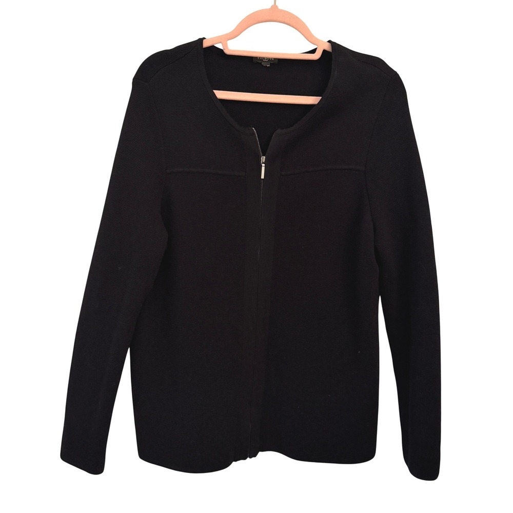 Talbots Zip Front Cardigan Woman XL Black Good Ribbed Cotton Blend Sweater